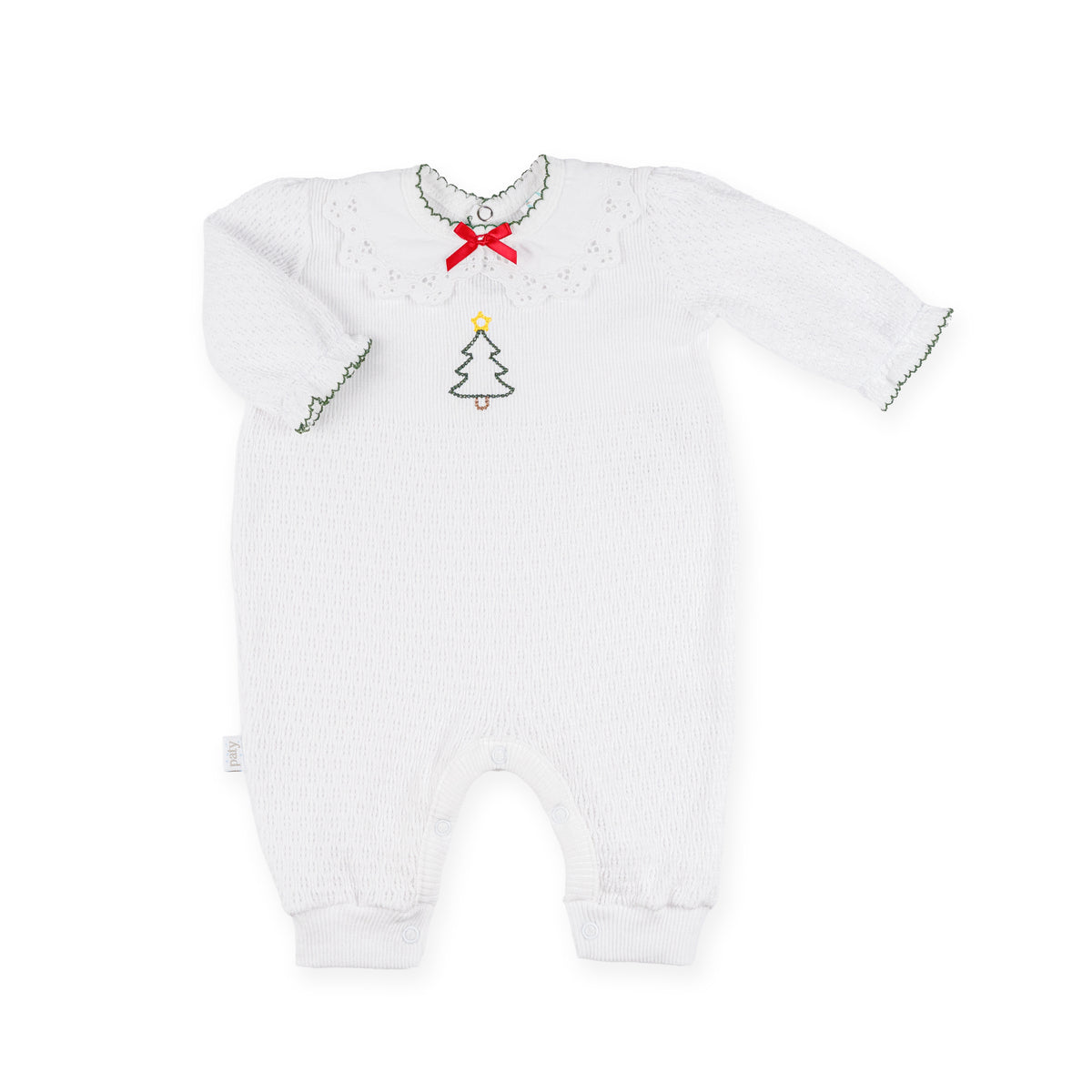 PatyKnit™ Ruffle Sleeve Romper with Collar and Christmas Tree Embroidery