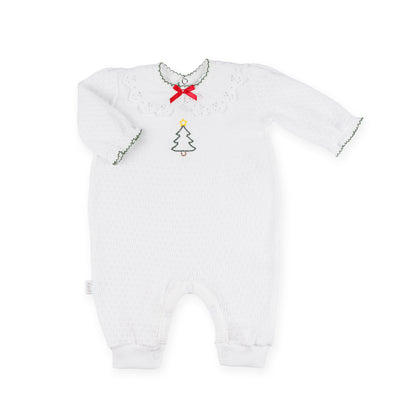PatyKnit™ Ruffle Sleeve Romper with Collar and Christmas Tree Embroidery