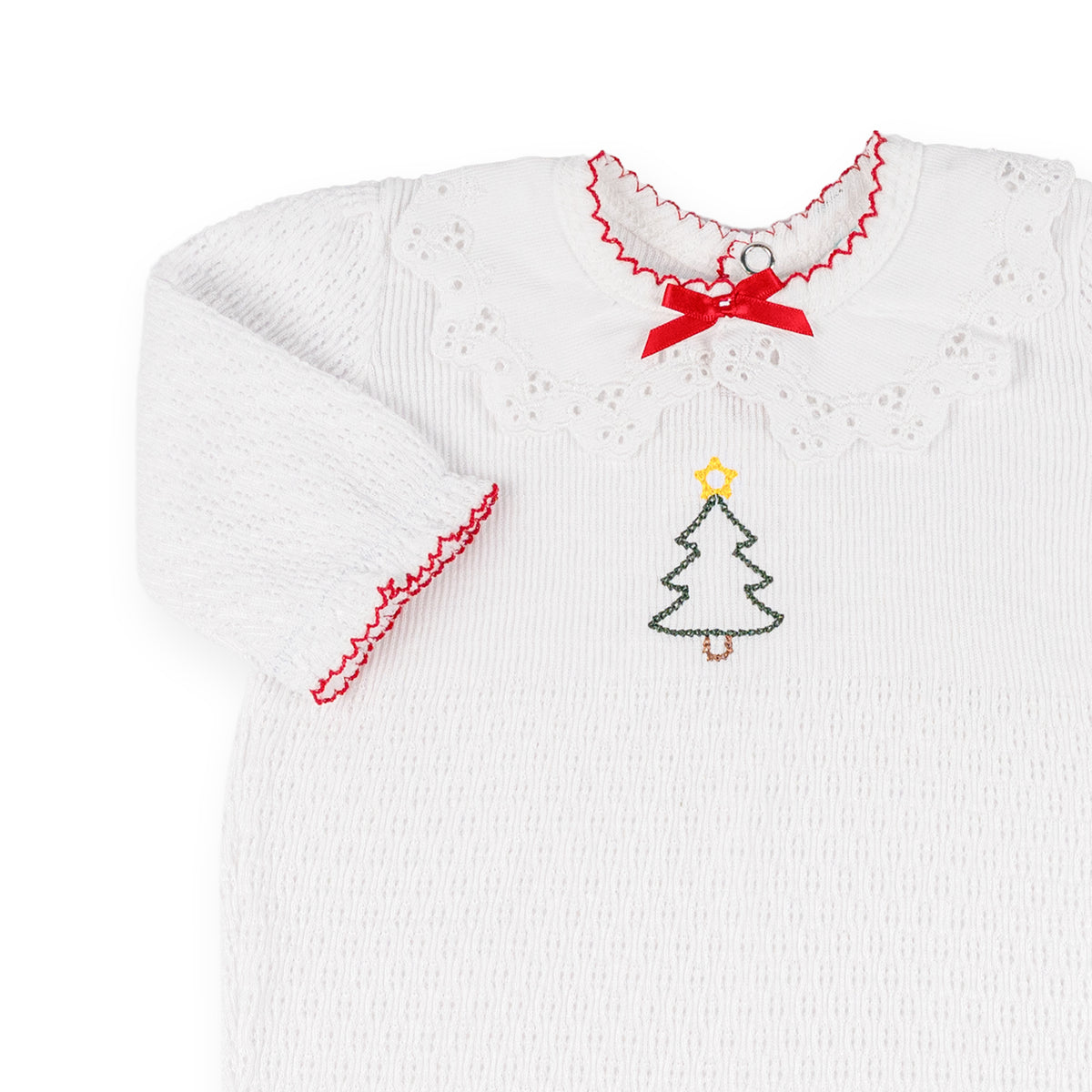 PatyKnit™ Ruffle Sleeve Romper with Collar and Christmas Tree Embroidery