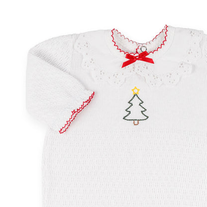 PatyKnit™ Ruffle Sleeve Romper with Collar and Christmas Tree Embroidery