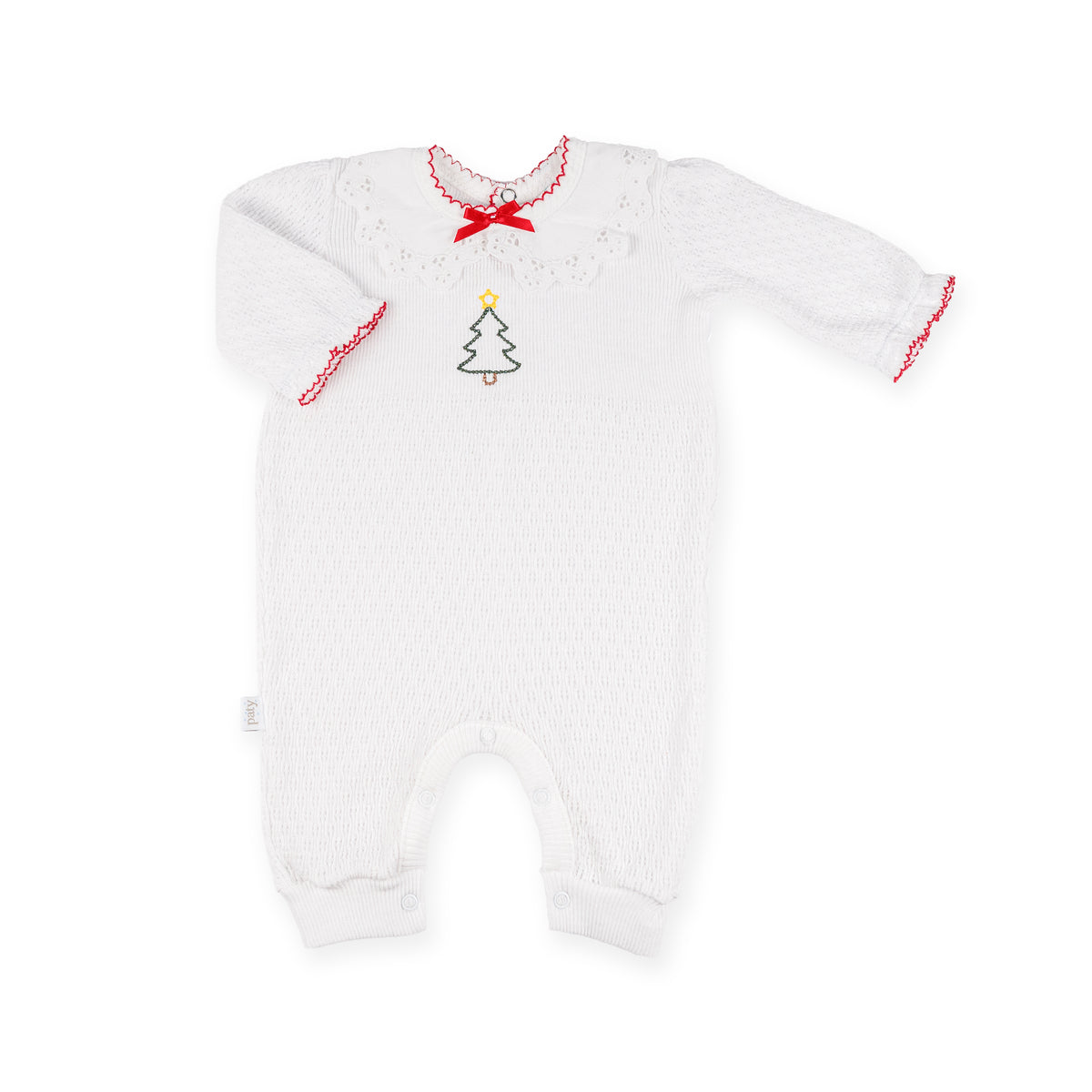 PatyKnit™ Ruffle Sleeve Romper with Collar and Christmas Tree Embroidery