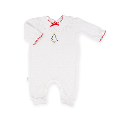 PatyKnit™ Ruffle Sleeve Romper with Collar and Christmas Tree Embroidery