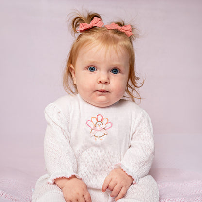 PatyKnit™ Long Sleeve Romper with Turkey Embroidery