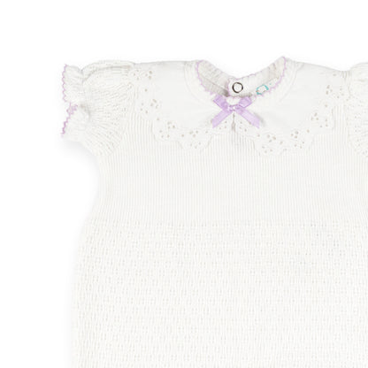 PatyKnit™ Short Sleeve Romper with Pique Lace Collar