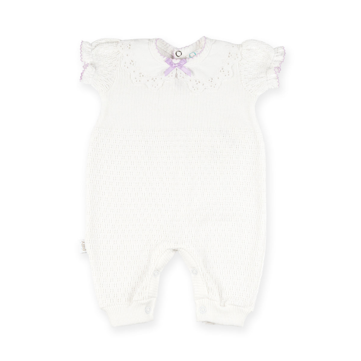 PatyKnit™ Short Sleeve Romper with Pique Lace Collar