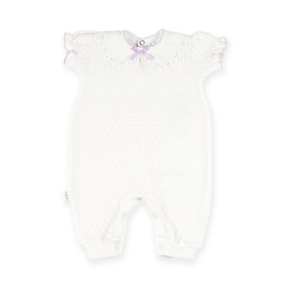 PatyKnit™ Short Sleeve Romper with Pique Lace Collar