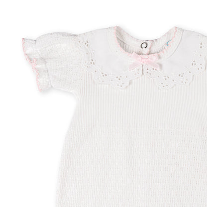 Paty Knit Short Sleeve Romper with Pique Lace Collar
