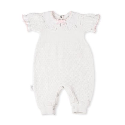 Paty Knit Short Sleeve Romper with Pique Lace Collar