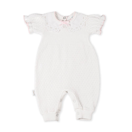 PatyKnit™ Short Sleeve Romper with Pique Lace Collar