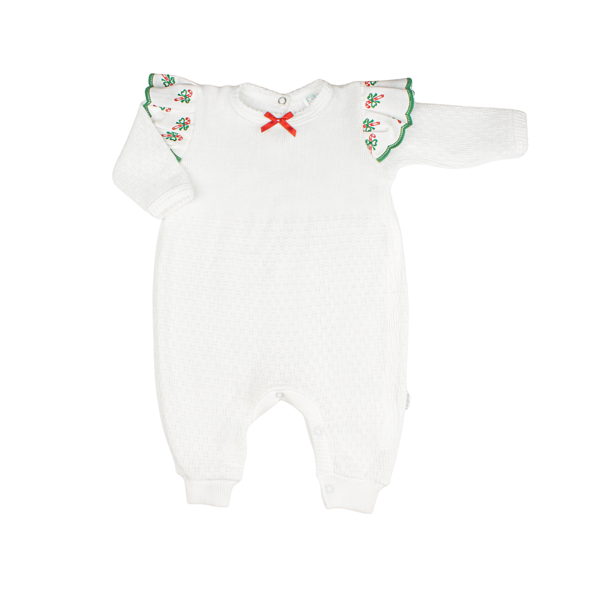 Paty Knit Angel Sleeve Romper with Swiss Candy Cane Trim (Christmas Collection)