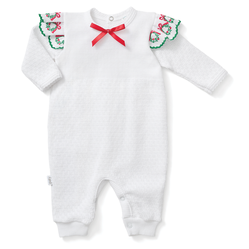 PatyKnit™ Angel Sleeve Christmas Romper with Swiss Wreath Trim