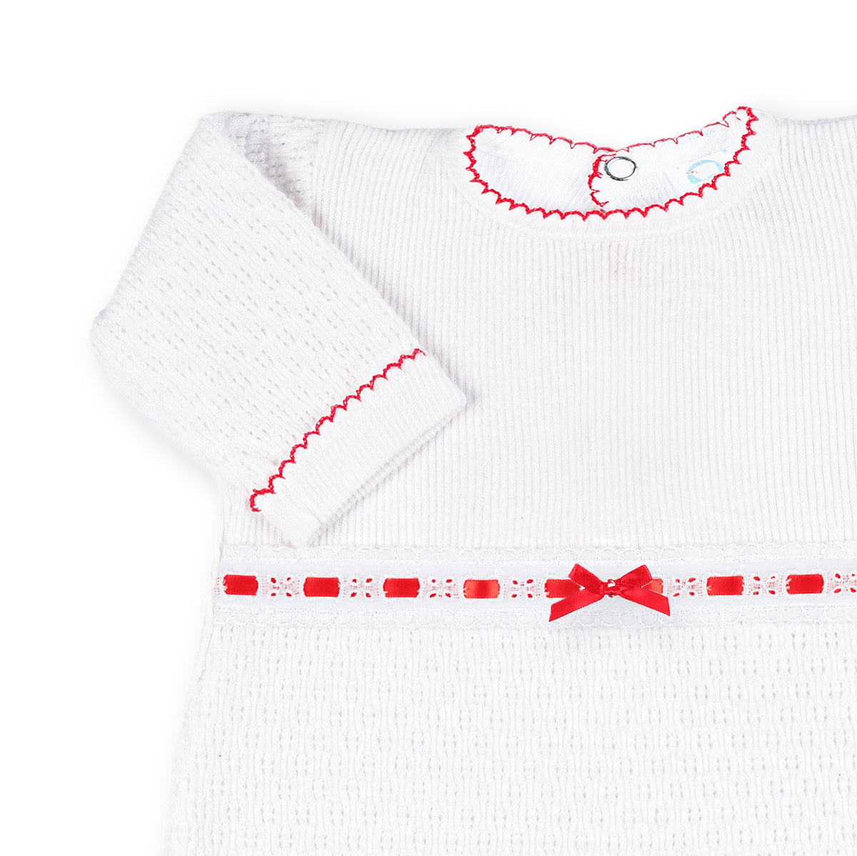 PatyKnit™ Long Sleeve Romper with Eyelet Trim