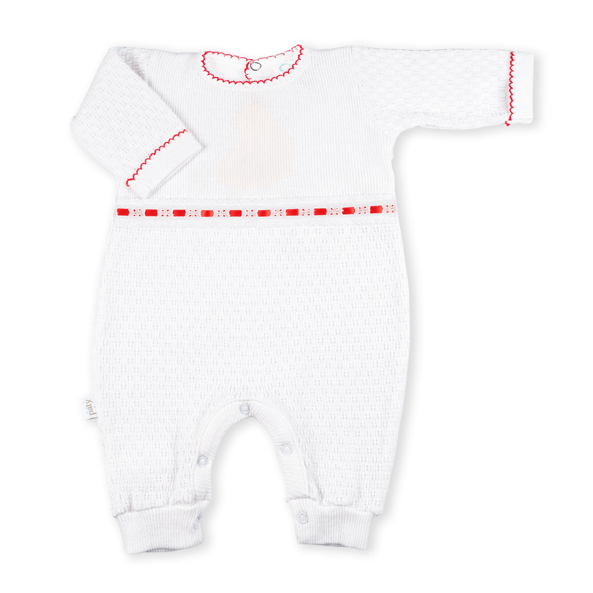 PatyKnit™ Long Sleeve Romper with Eyelet Trim