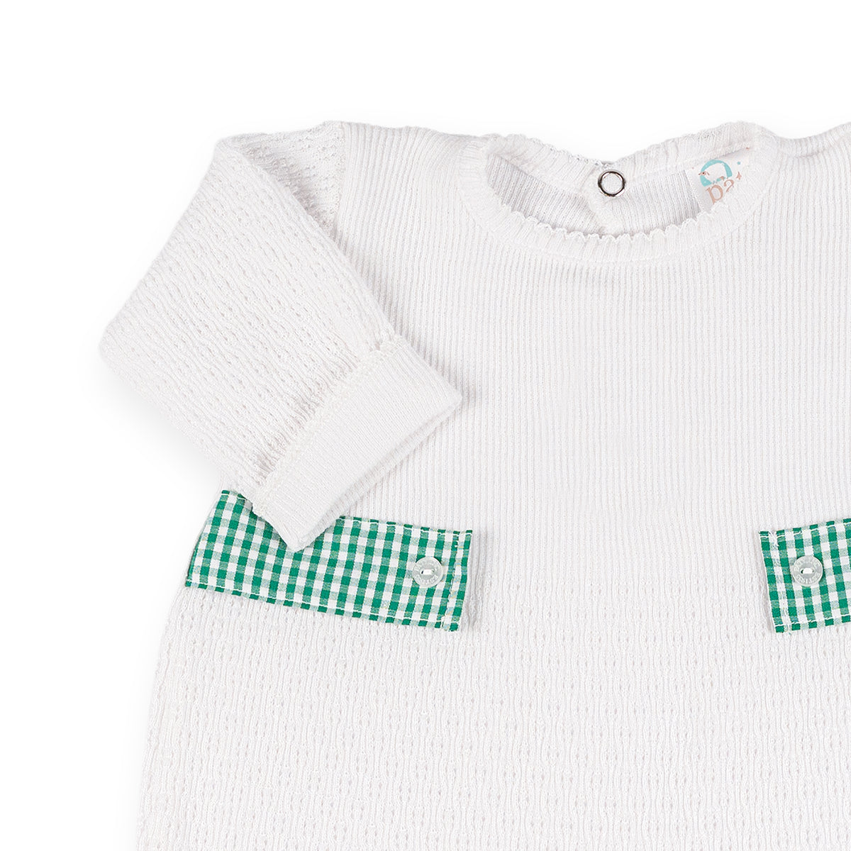 PatyKnit™ Long Sleeve Romper with Gingham Tabs
