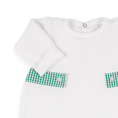 PatyKnit™ Long Sleeve Romper with Gingham Tabs