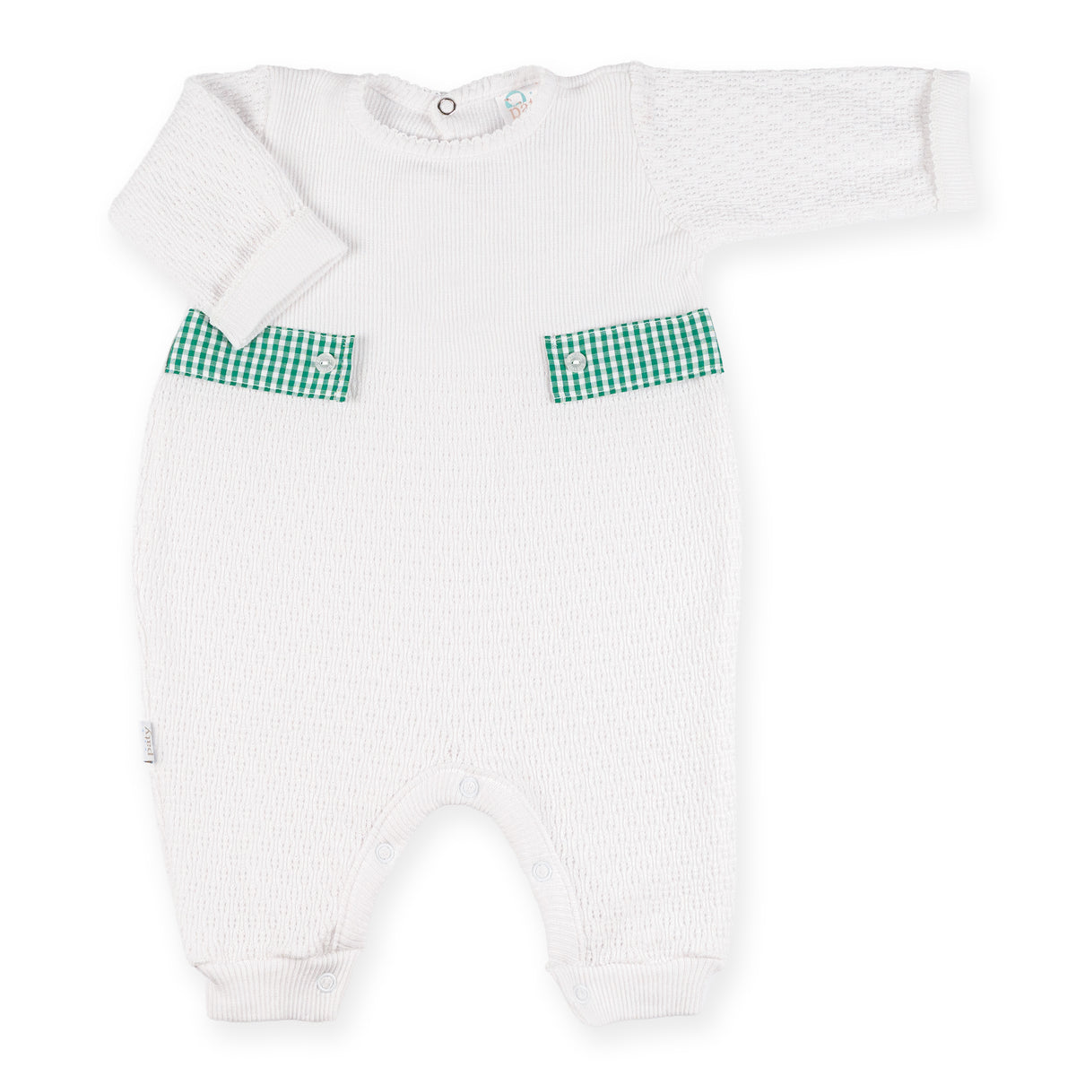 PatyKnit™ Long Sleeve Romper with Gingham Tabs
