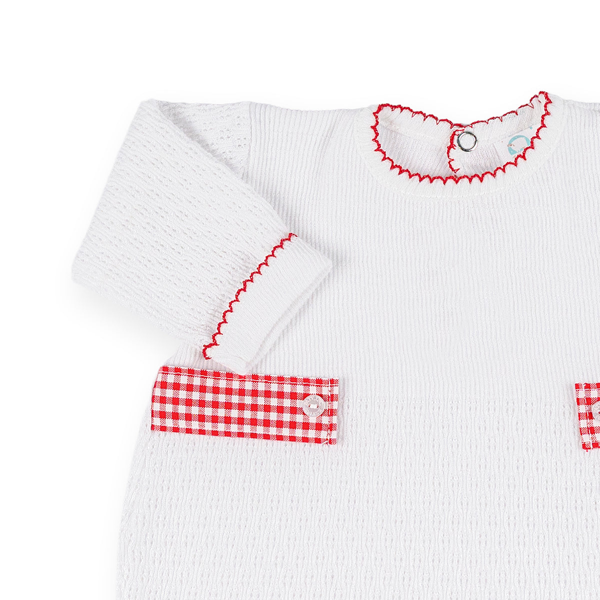 PatyKnit™ Long Sleeve Romper with Gingham Tabs