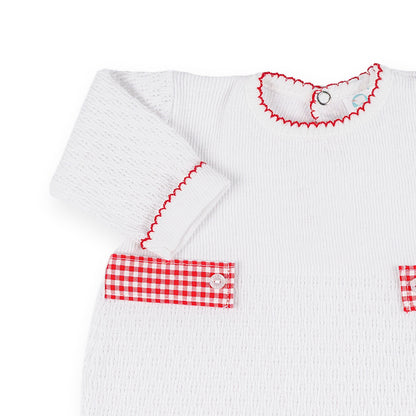 PatyKnit™ Long Sleeve Romper with Gingham Tabs