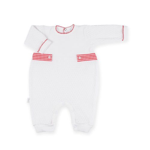 PatyKnit™ Long Sleeve Romper with Gingham Tabs