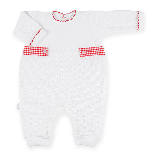 PatyKnit™ Long Sleeve Romper with Gingham Tabs