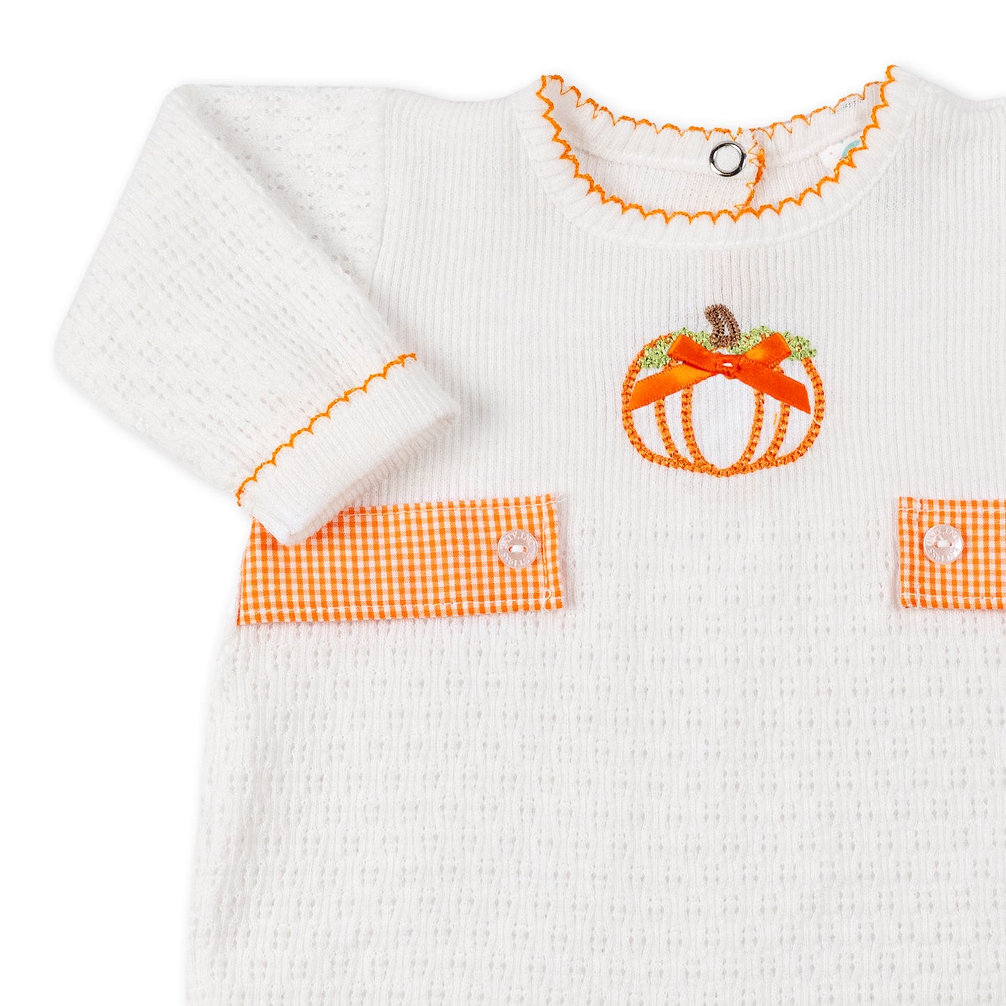Paty Knit Long Sleeve Romper with Pumpkin Embroidery and Gingham Tabs