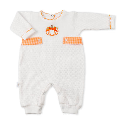 Paty Knit Long Sleeve Romper with Pumpkin Embroidery and Gingham Tabs