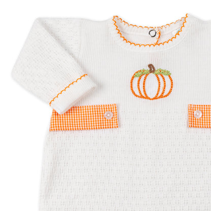 Paty Knit Long Sleeve Romper with Pumpkin Embroidery and Gingham Tabs