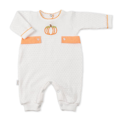 Paty Knit Long Sleeve Romper with Pumpkin Embroidery and Gingham Tabs