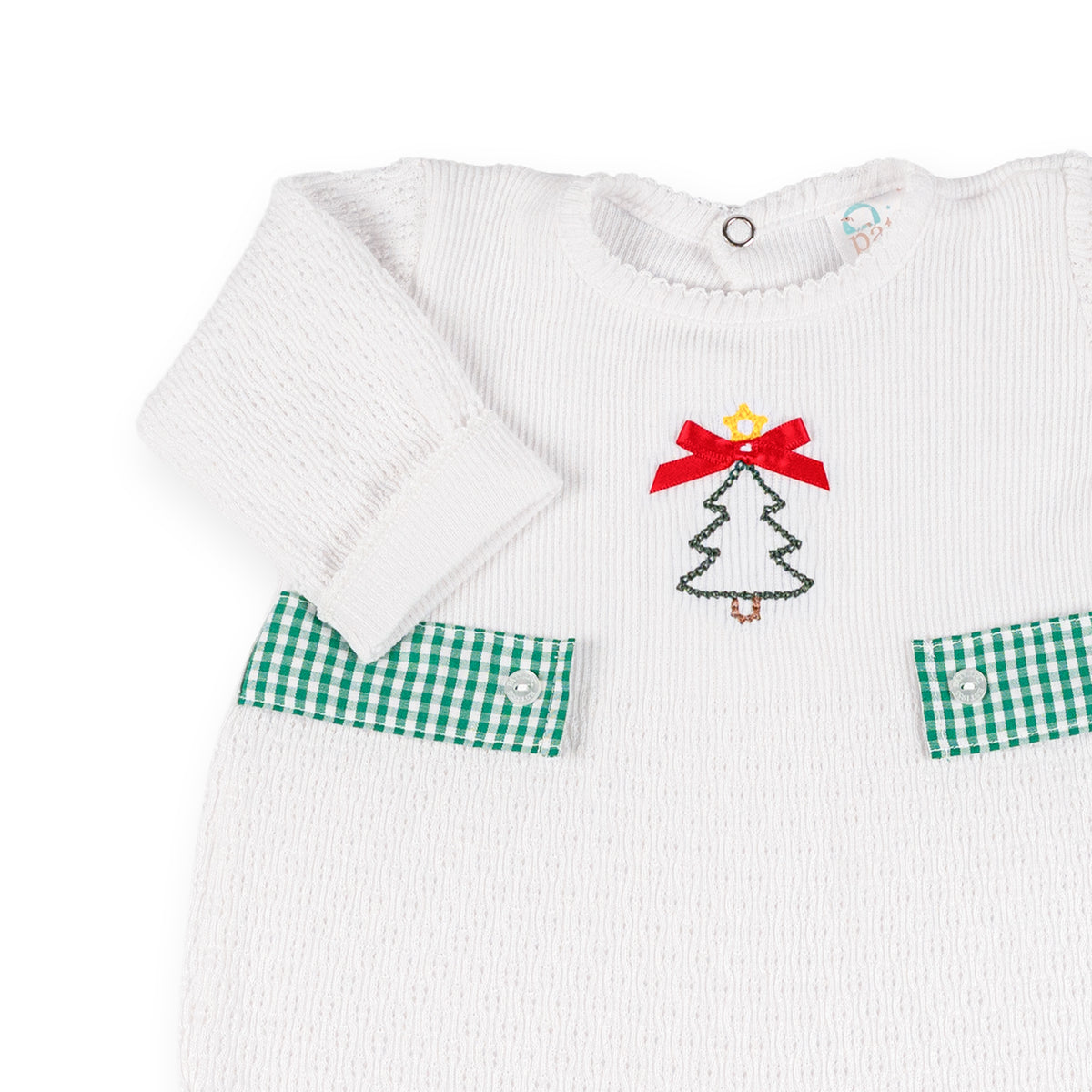 PatyKnit™ Long Sleeve Romper with Gingham Tabs and Christmas Tree Embroidery
