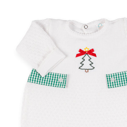 PatyKnit™ Long Sleeve Romper with Gingham Tabs and Christmas Tree Embroidery