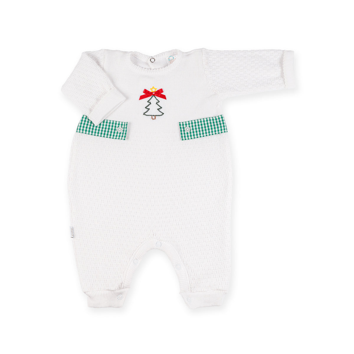 PatyKnit™ Long Sleeve Romper with Gingham Tabs and Christmas Tree Embroidery