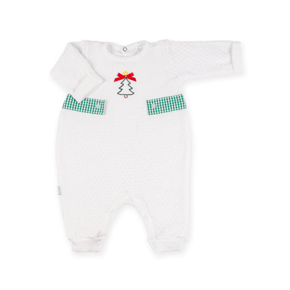 PatyKnit™ Long Sleeve Romper with Gingham Tabs and Christmas Tree Embroidery