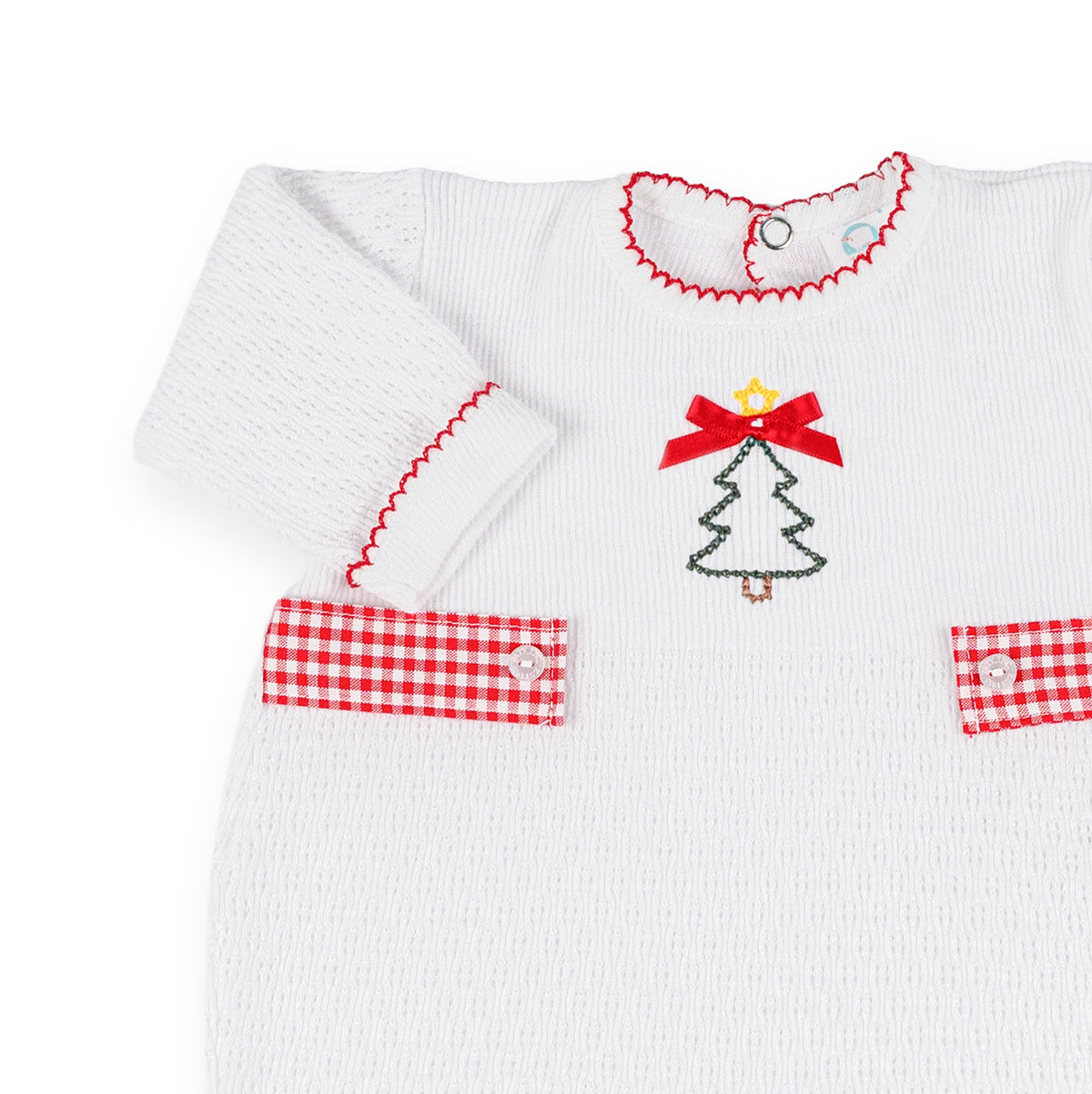 PatyKnit™ Long Sleeve Romper with Gingham Tabs and Christmas Tree Embroidery