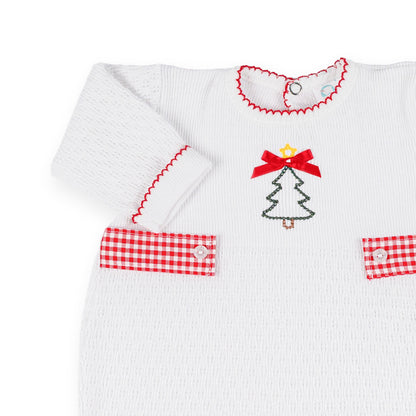 PatyKnit™ Long Sleeve Romper with Gingham Tabs and Christmas Tree Embroidery