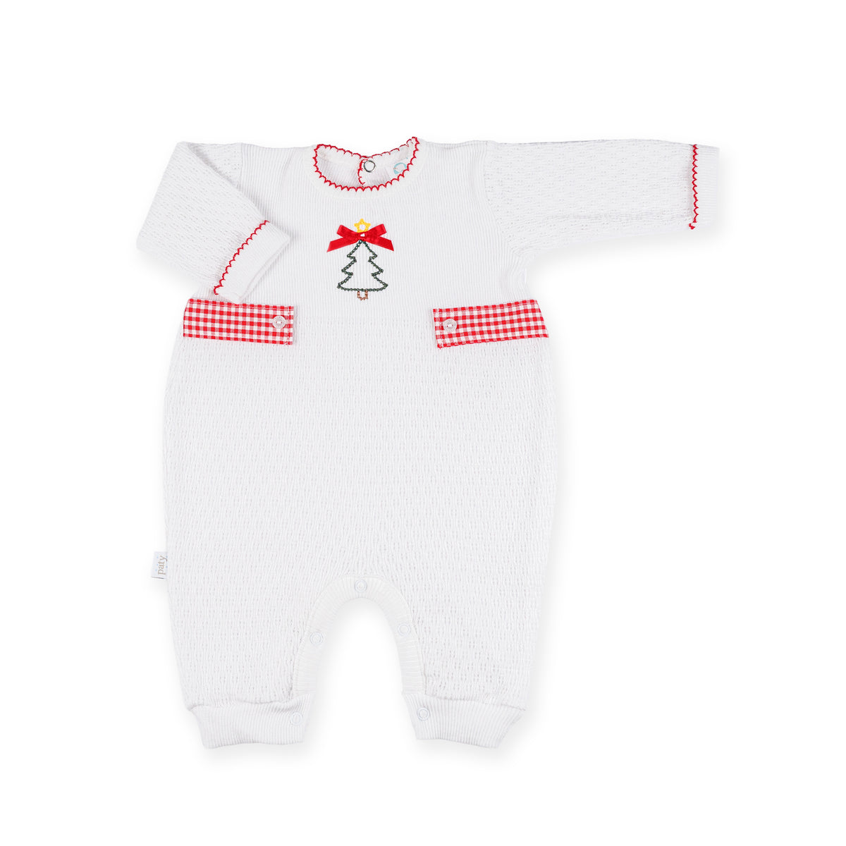 PatyKnit™ Long Sleeve Romper with Gingham Tabs and Christmas Tree Embroidery