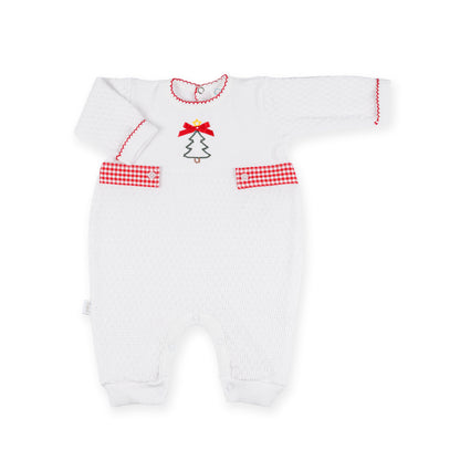 PatyKnit™ Long Sleeve Romper with Gingham Tabs and Christmas Tree Embroidery