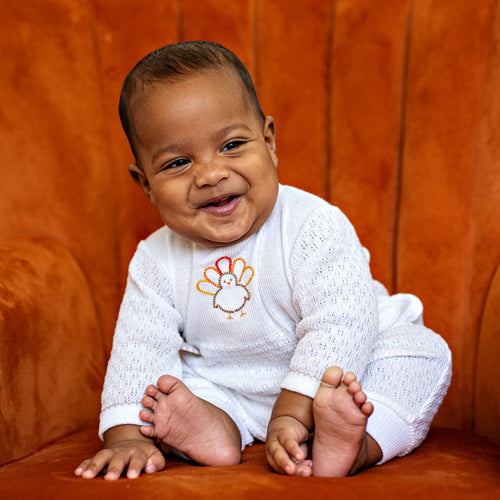 PatyKnit™ Long Sleeve Romper with Turkey Embroidery and Gingham Tabs