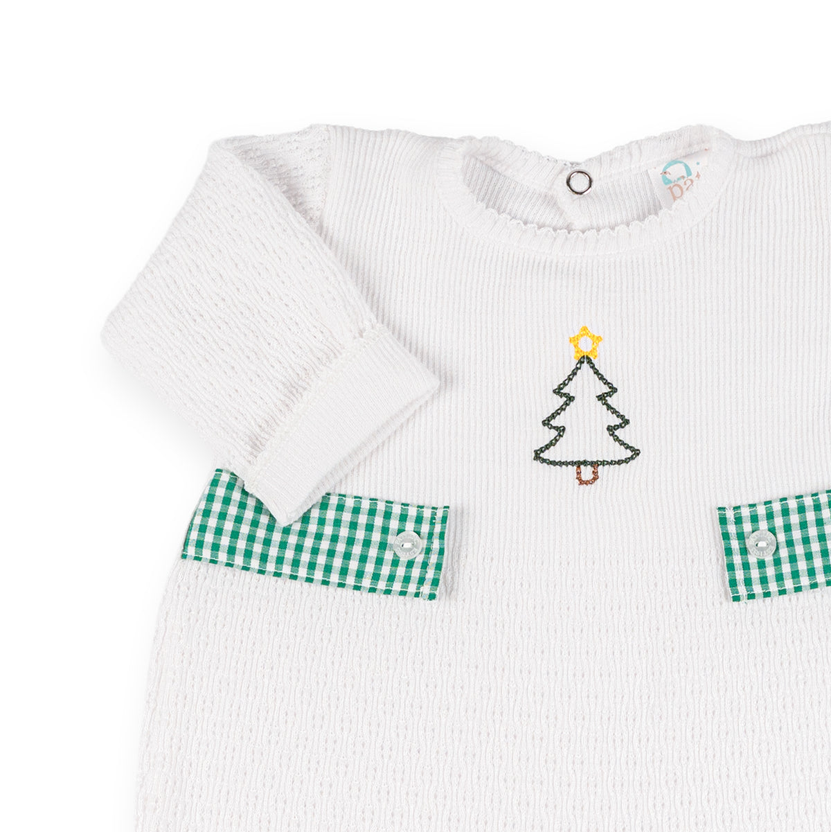 PatyKnit™ Long Sleeve Romper with Gingham Tabs and Christmas Tree Embroidery