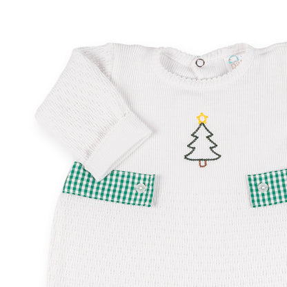 PatyKnit™ Long Sleeve Romper with Gingham Tabs and Christmas Tree Embroidery