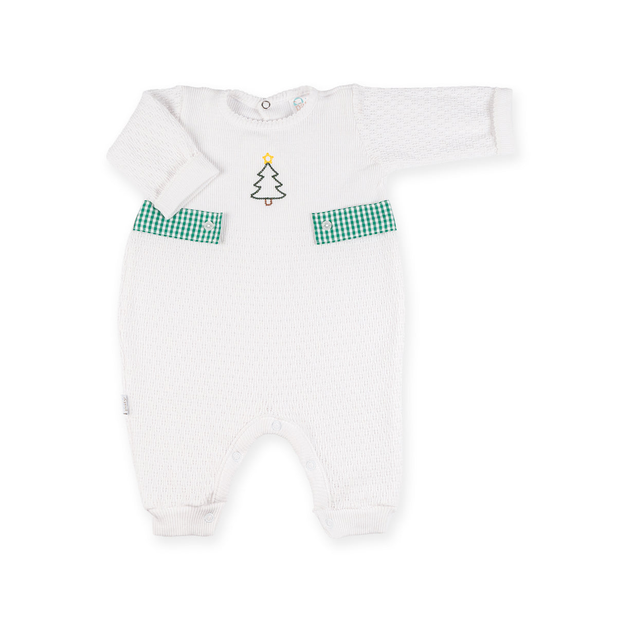 PatyKnit™ Long Sleeve Romper with Gingham Tabs and Christmas Tree Embroidery