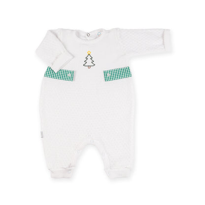 PatyKnit™ Long Sleeve Romper with Gingham Tabs and Christmas Tree Embroidery
