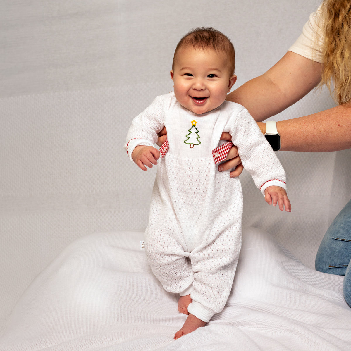 PatyKnit™ Long Sleeve Romper with Gingham Tabs and Christmas Tree Embroidery
