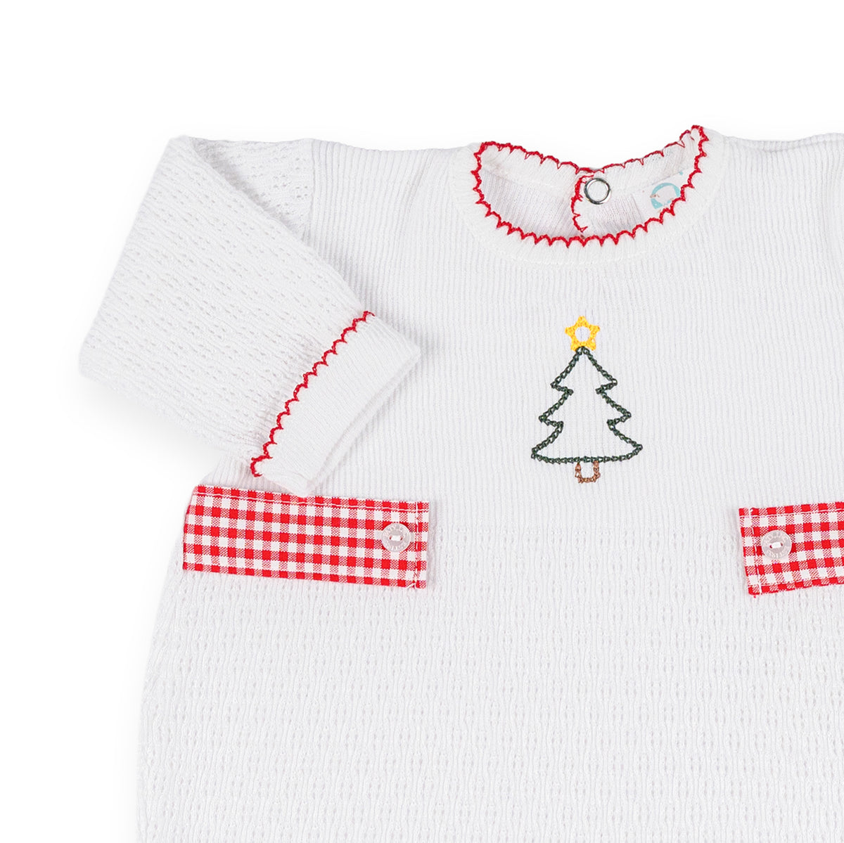 PatyKnit™ Long Sleeve Romper with Gingham Tabs and Christmas Tree Embroidery