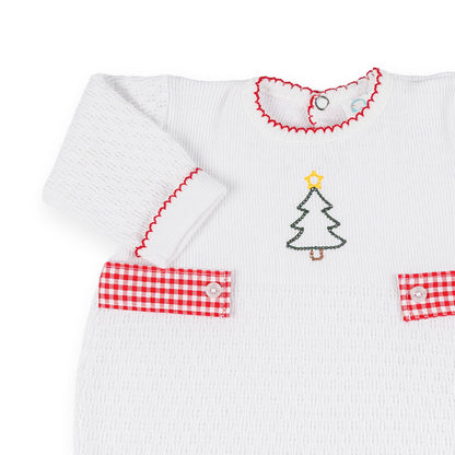 PatyKnit™ Long Sleeve Romper with Gingham Tabs and Christmas Tree Embroidery