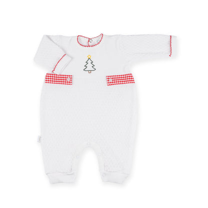 PatyKnit™ Long Sleeve Romper with Gingham Tabs and Christmas Tree Embroidery