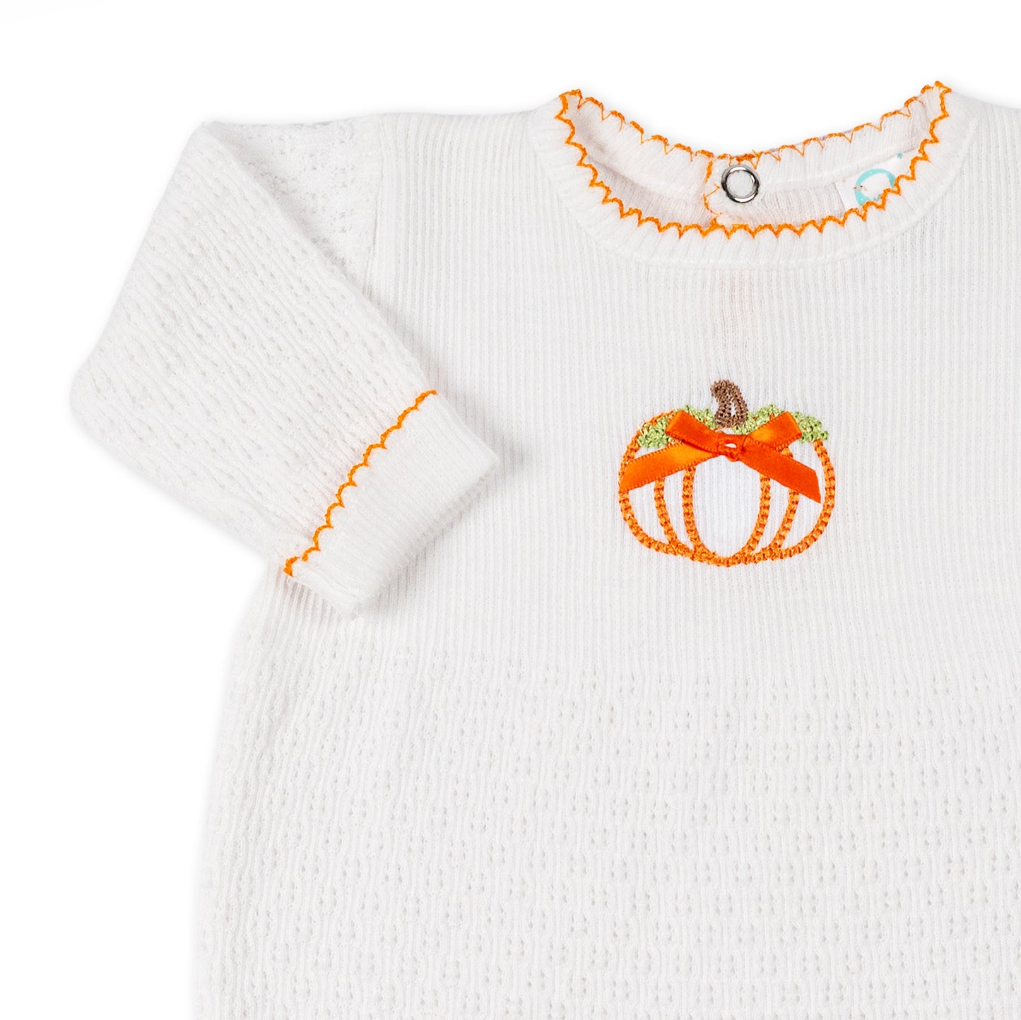 Paty Knit Long Sleeve Romper with Pumpkin Embroidery