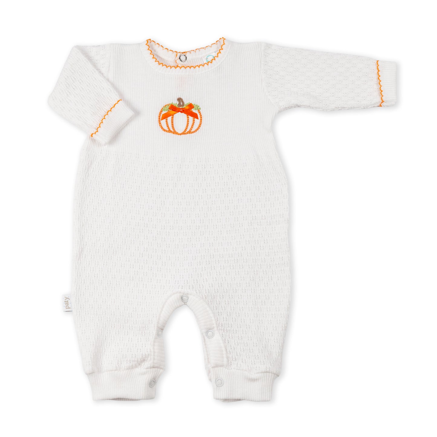 Paty Knit Long Sleeve Romper with Pumpkin Embroidery