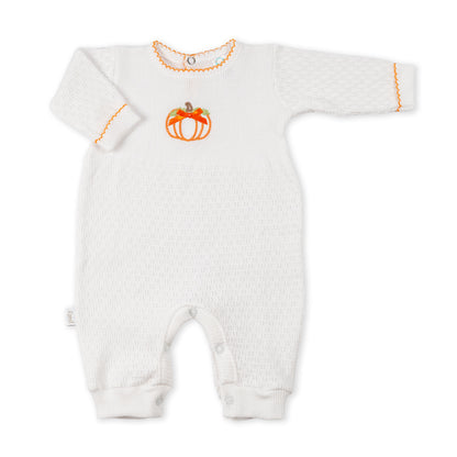 Paty Knit Long Sleeve Romper with Pumpkin Embroidery