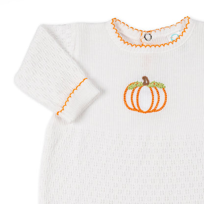 Paty Knit Long Sleeve Romper with Pumpkin Embroidery