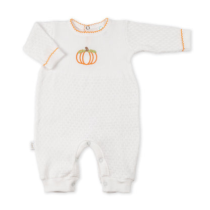 Paty Knit Long Sleeve Romper with Pumpkin Embroidery